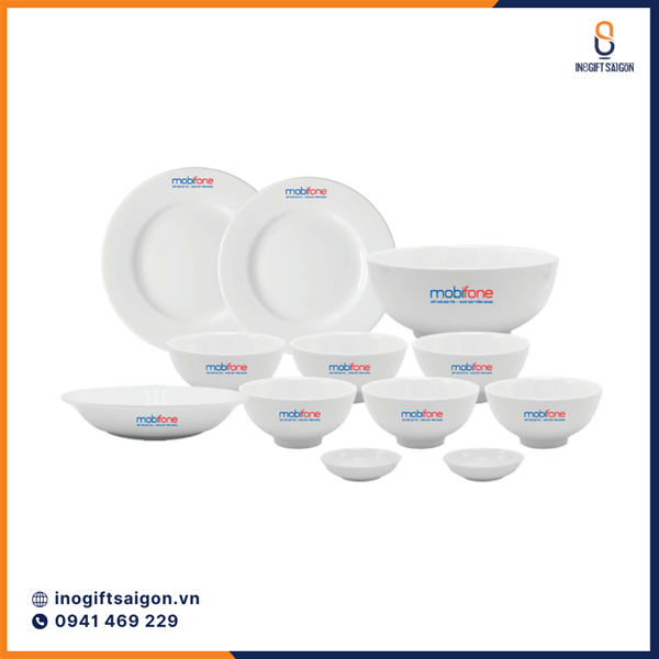 Bộ bàn ăn gốm sứ 12 sản phẩm in logo doanh nghiệp