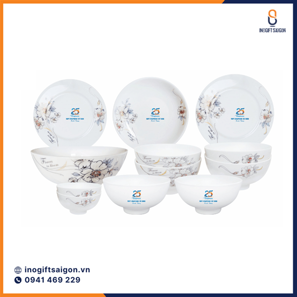 Bộ chén dĩa sứ Minh Châu in logo theo yêu cầu