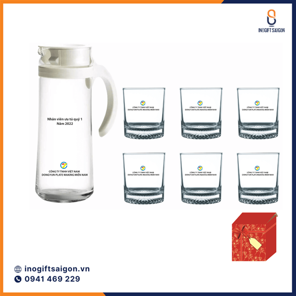 Bộ bình ly thủy tinh có nắp đậy làm quà tặng nhân viên