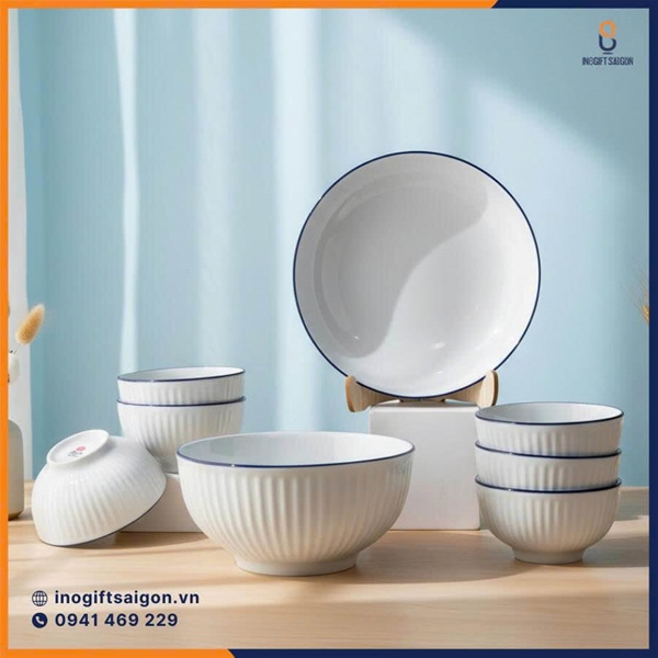 Quà tặng set chén dĩa sứ Trung Kiên in logo công ty