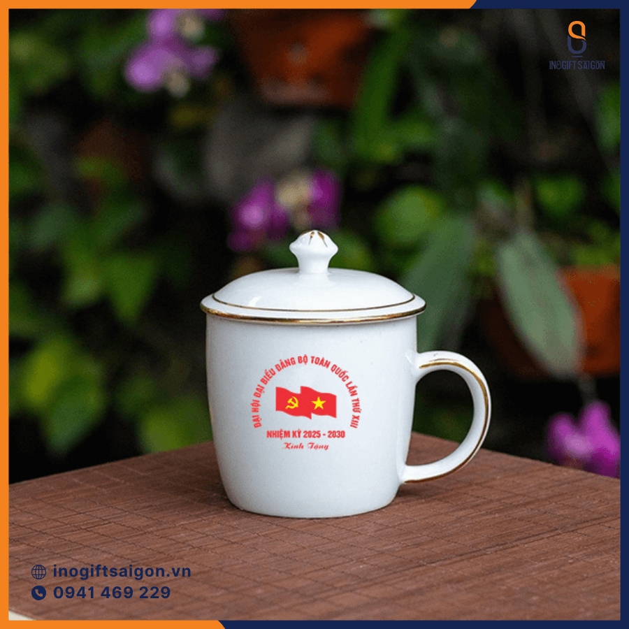 Ly sứ trắng in logo Đại hội